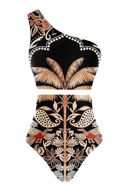 Palm Tree Bird Print Color Block High Waist Bikini and Skirt