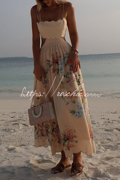Cabo Sunsets Print Petal Trim Back Lace-up Midi Dress