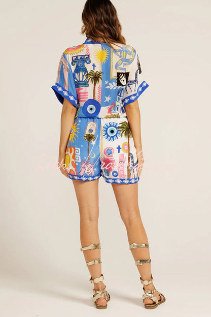 Unique Printed Short-sleeved Loose Shirt and Elastic Waist Drawstring Pocket Shorts Set