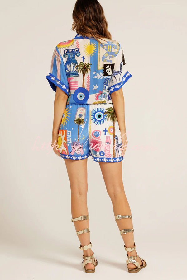 Unique Printed Short-sleeved Loose Shirt and Elastic Waist Drawstring Pocket Shorts Set
