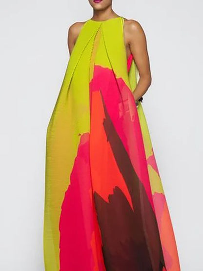 Loose Sleeveless Multi-colored Round-neck Maxi Dresses