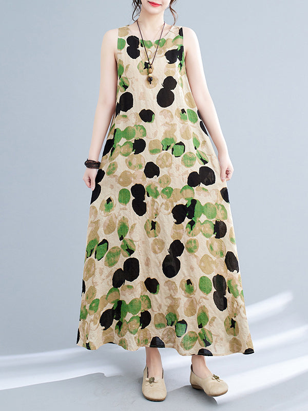 Loose Sleeveless Printed Split-joint Round-neck Maxi Dresses