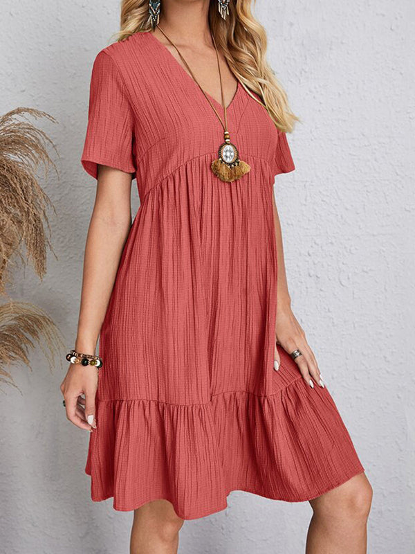 A-line Loose Pleated Color Split-joint V-neck Mini Dresses