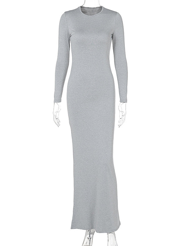 Bodycon Long Sleeves See-through Color Round-neck Maxi Dresses