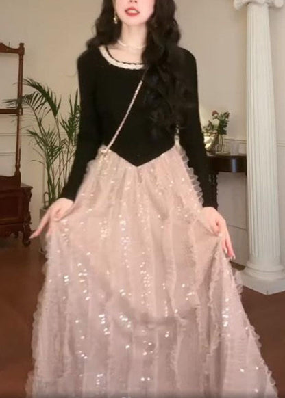 French Colorblock O Neck Patchwork Tulle Long Dress Fall Qx035