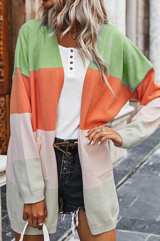 Contrasting Rainbow Paneled Striped Long Cardigan Sweater With Pockets