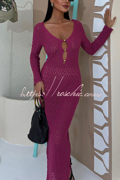 V-neck Long-sleeved Hollow Slim Maxi Dress