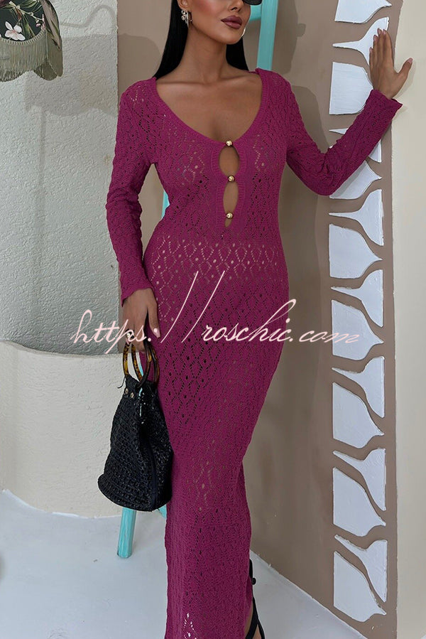 V-neck Long-sleeved Hollow Slim Maxi Dress
