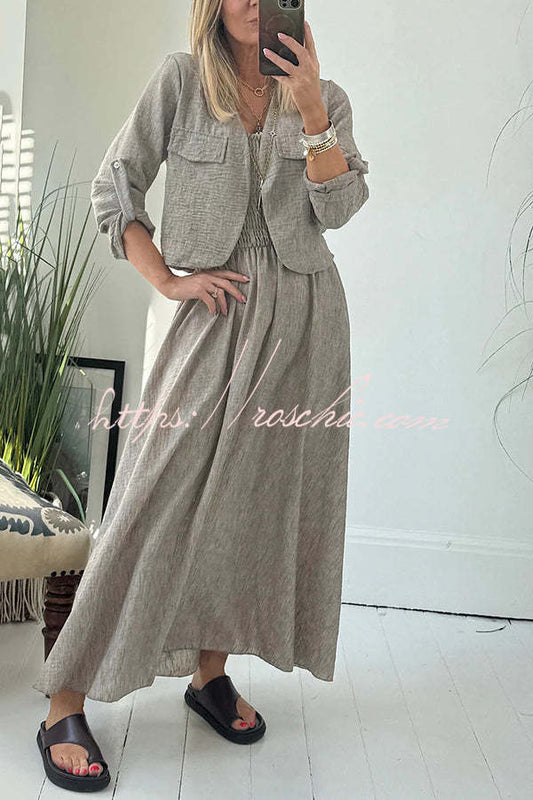 Color Short Jacket and Suspender Pleated Maxi Dress Set