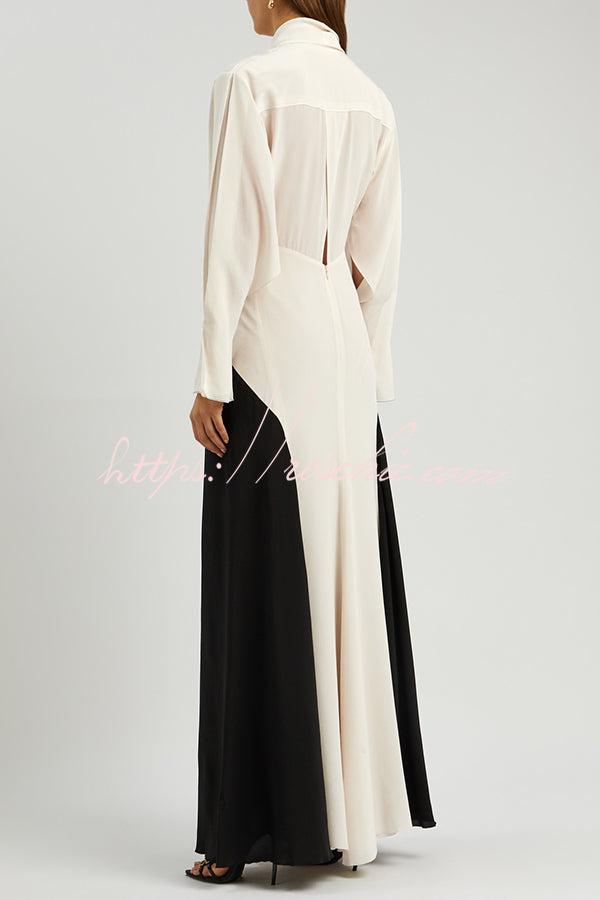 Contrast Color V-neck Tie High Waist Drape Maxi Dress