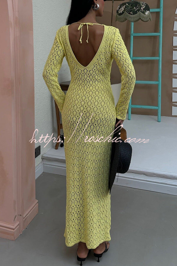V-neck Long-sleeved Hollow Slim Maxi Dress