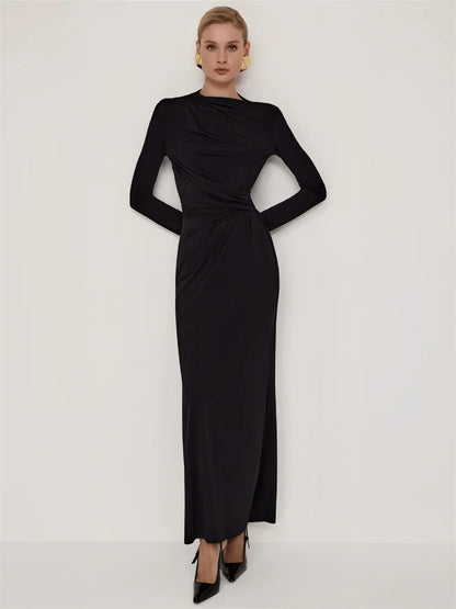 Autumn Pleated Long Dress Female High Waist Slim Bandage Commute Clothes Y2k Maxi Dress