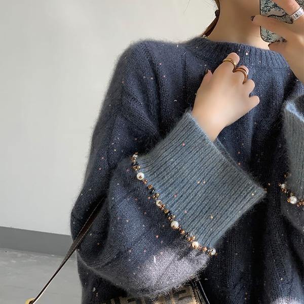 Grey O-neck Sequins Long Sleeve With Beaded Knit Sweater Tw022