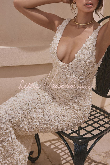Champagne Party Rose Applique Slit Pencil Maxi Dress