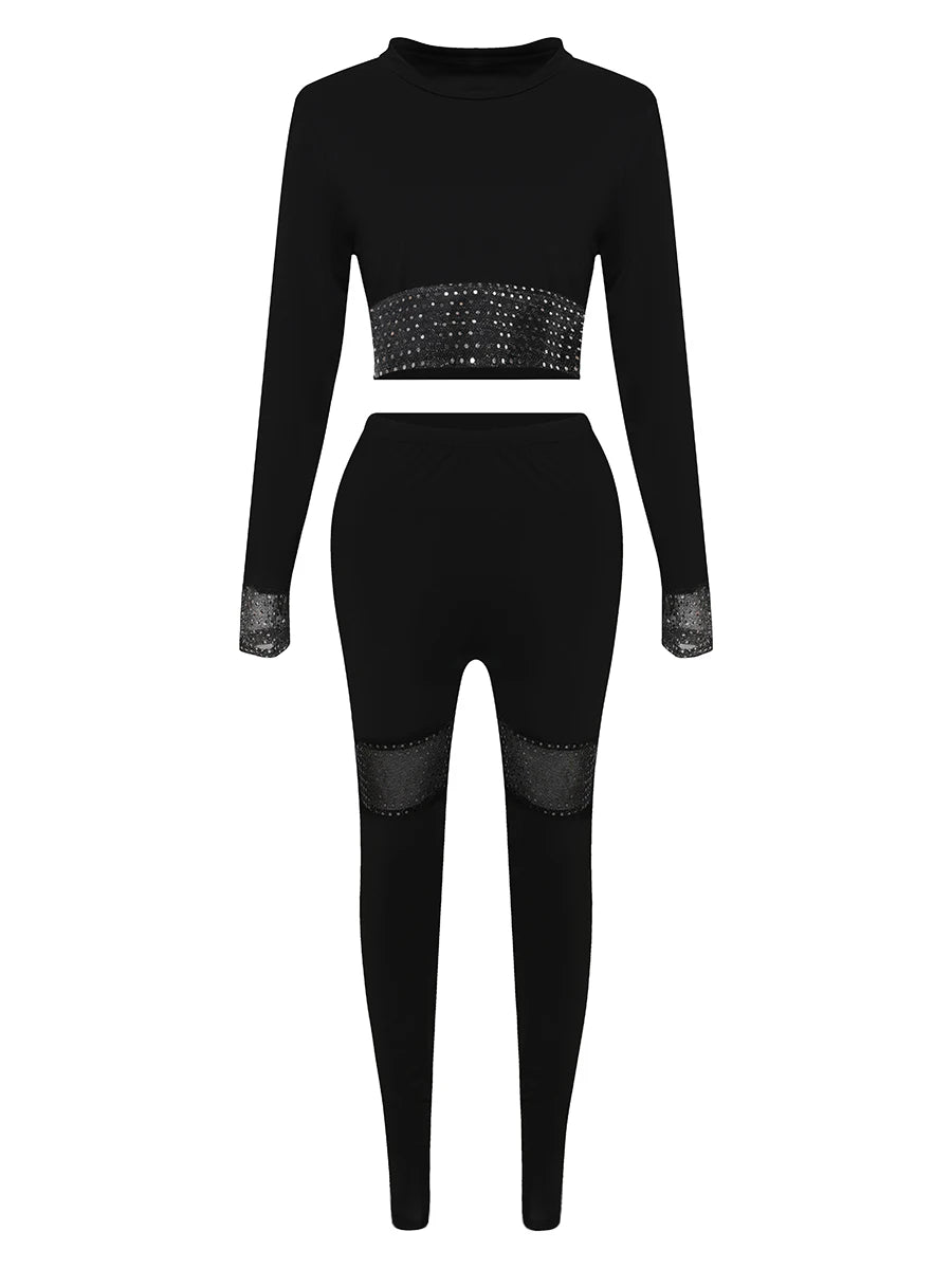 Crop Top See Through Sequined Pants Set Long Sleeve Two-pieces Autumn Round Neck Crop Top Pant