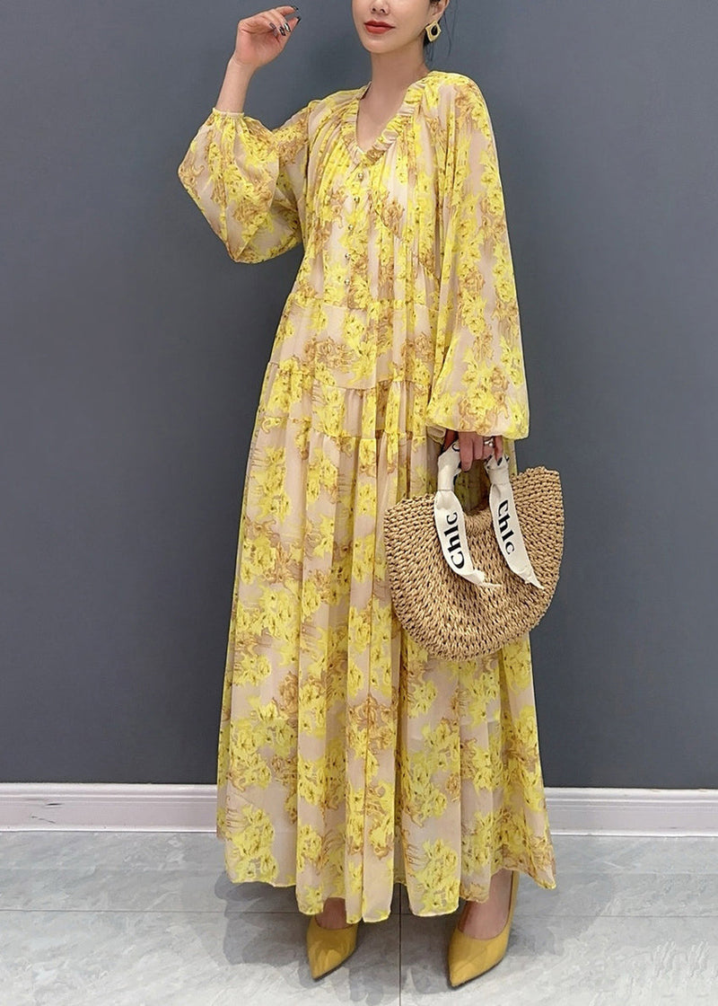 Yellow V Neck Ruffled Print Chiffon Long Dresses Fall Ao1069