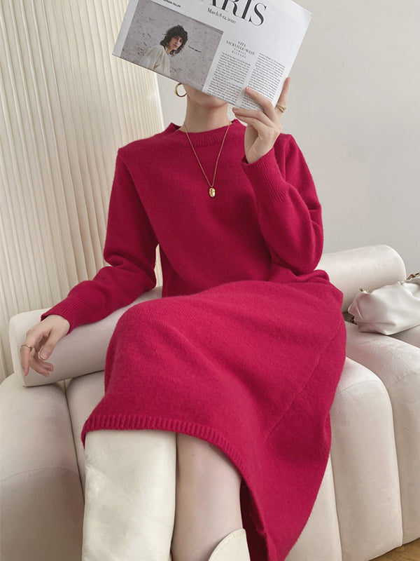Urban Loose Long Sleeves Color Round-neck Sweater Dresses