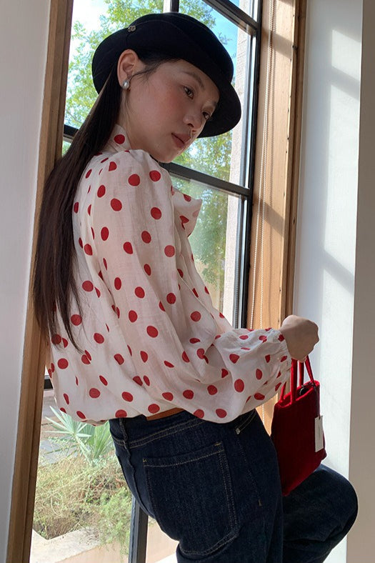 Polka Dot Tie-waist Long-sleeve Sweet Blouse