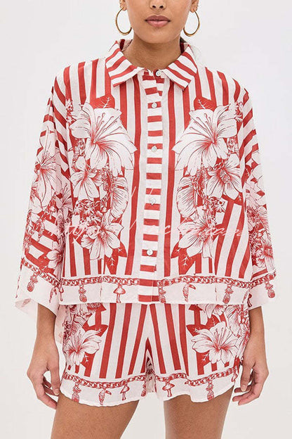 Like Paradise Print Wide Sleeve Shirt and Elastic Waist Pocketed Shorts Set