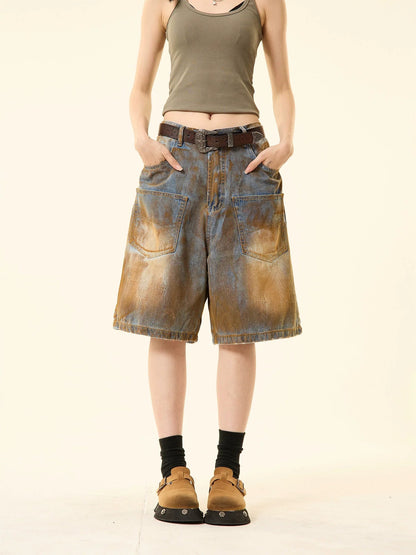 Distressed Denim Oversized Pocket Shorts