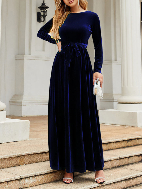 Long Sleeves Wrap Belted Pleated Color Zipper Round-neck Maxi Dresses