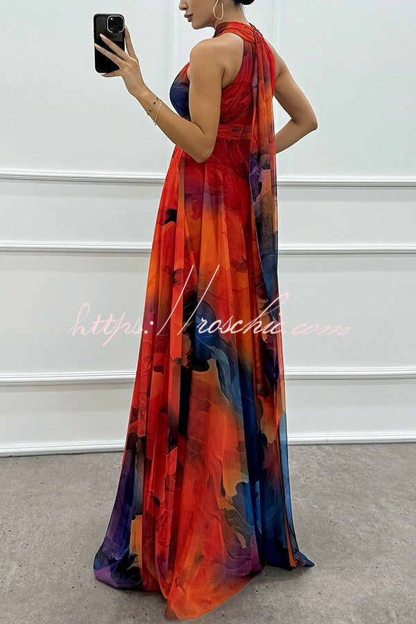 Elaine Tulle Splash Print Cutout Halter Tie-up Neck Gown Maxi Dress