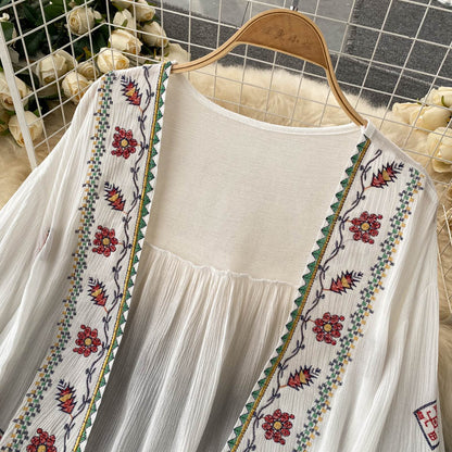 White Embroidered Three-quarter Sleeves Splicing Tassel Cardigan Ar1023