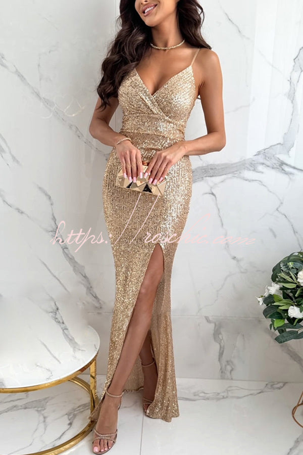 Look at the Bright Sequin V-neck Strap Slit Stretch Maxi Dress