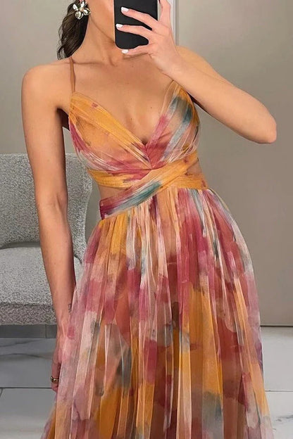 Giselle Tulle Render Print Cutout Waist Back Lace-up Maxi Dress