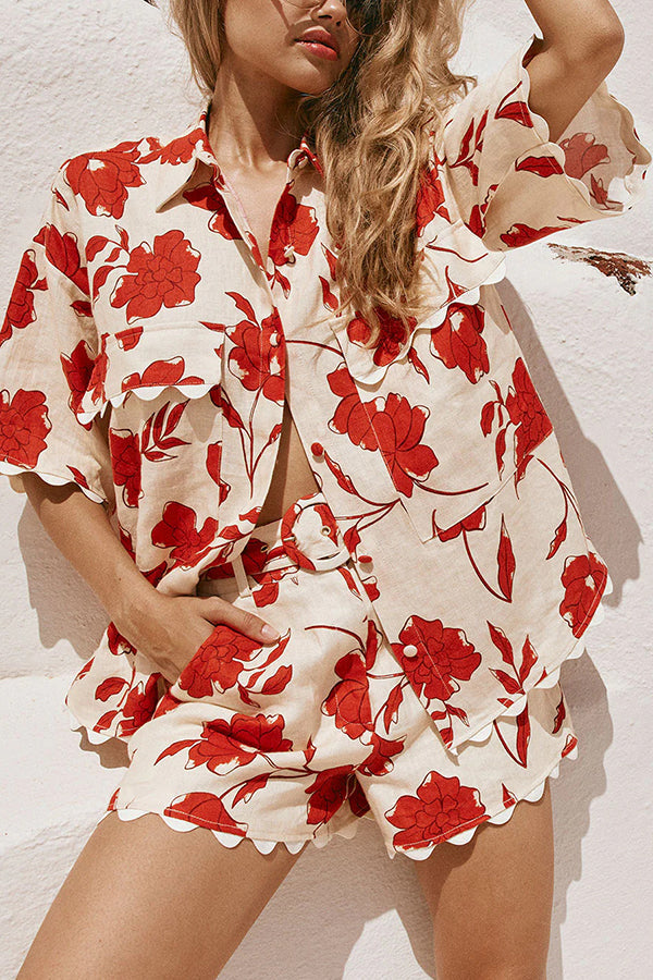 Ellora Linen Blend Wave Trim Short Sleeve Shirt and Belt Pocketed Loose Shorts Set