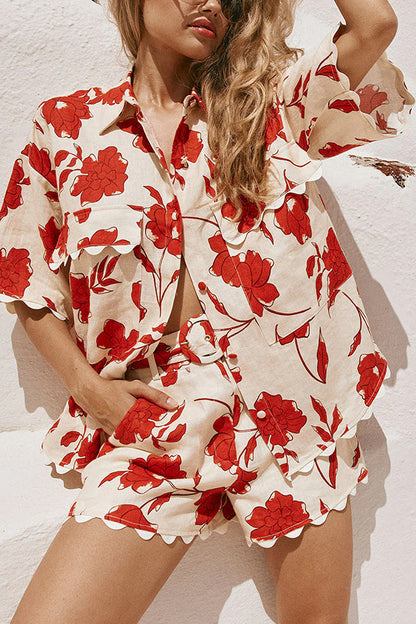 Ellora Linen Blend Wave Trim Short Sleeve Shirt and Belt Pocketed Loose Shorts Set