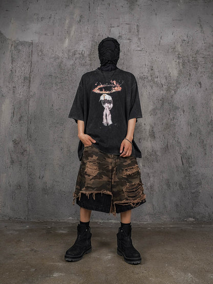 Double-layered Shredded Camo Shorts