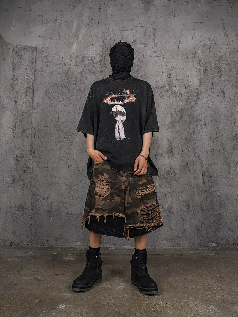 Double-layered Shredded Camo Shorts