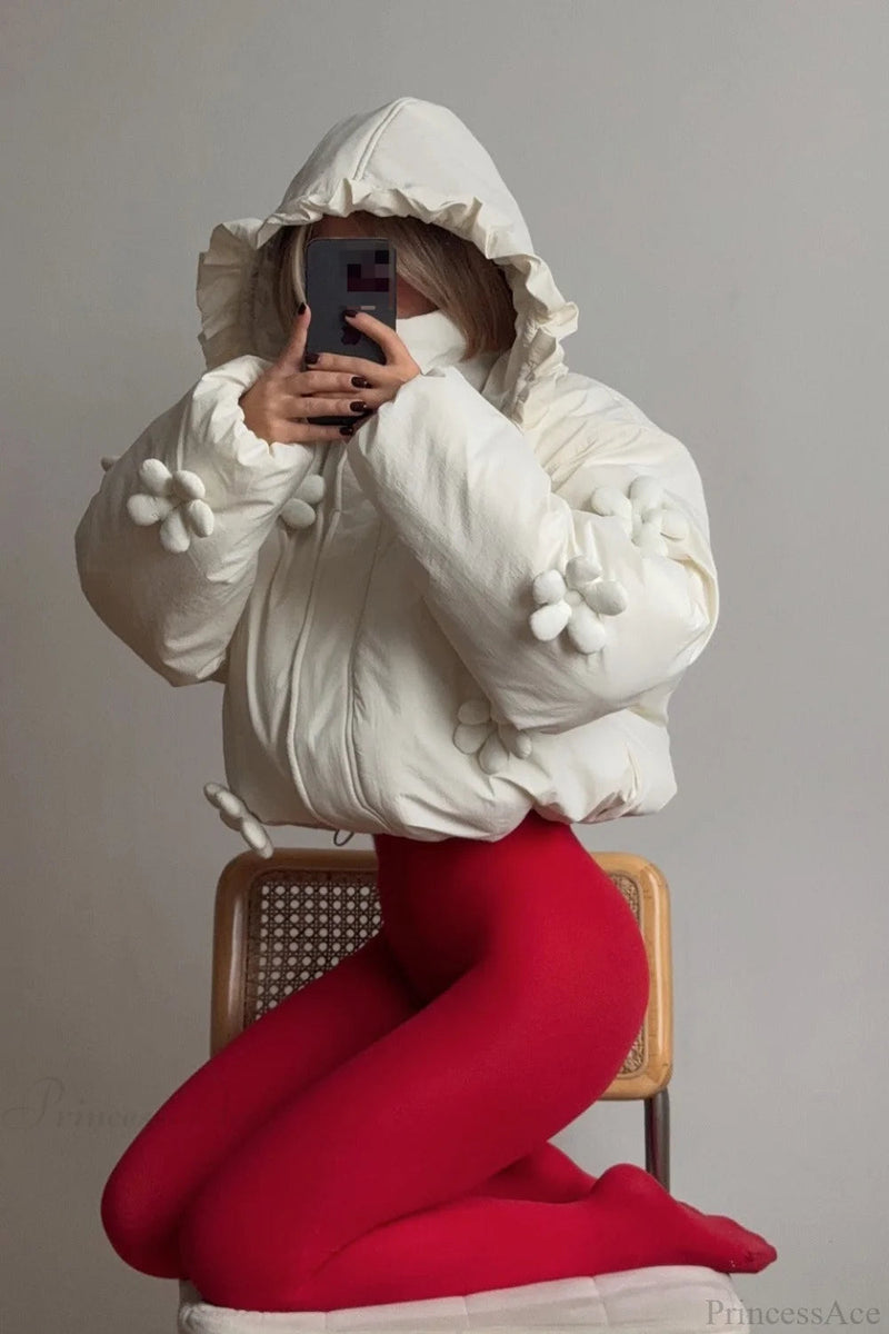 3d Ruffled Hood Cropped Padded Coat