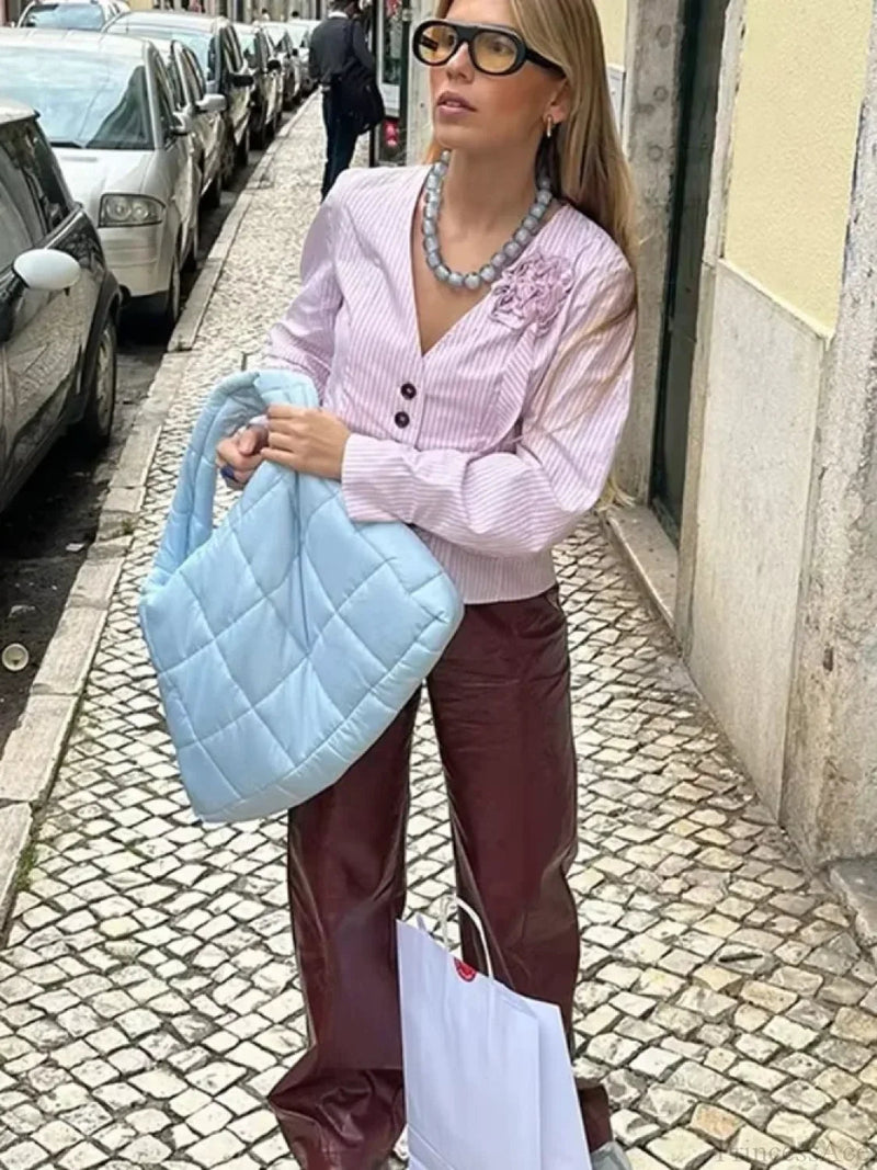 3d Flower Splicing V Neck Pink Blouse