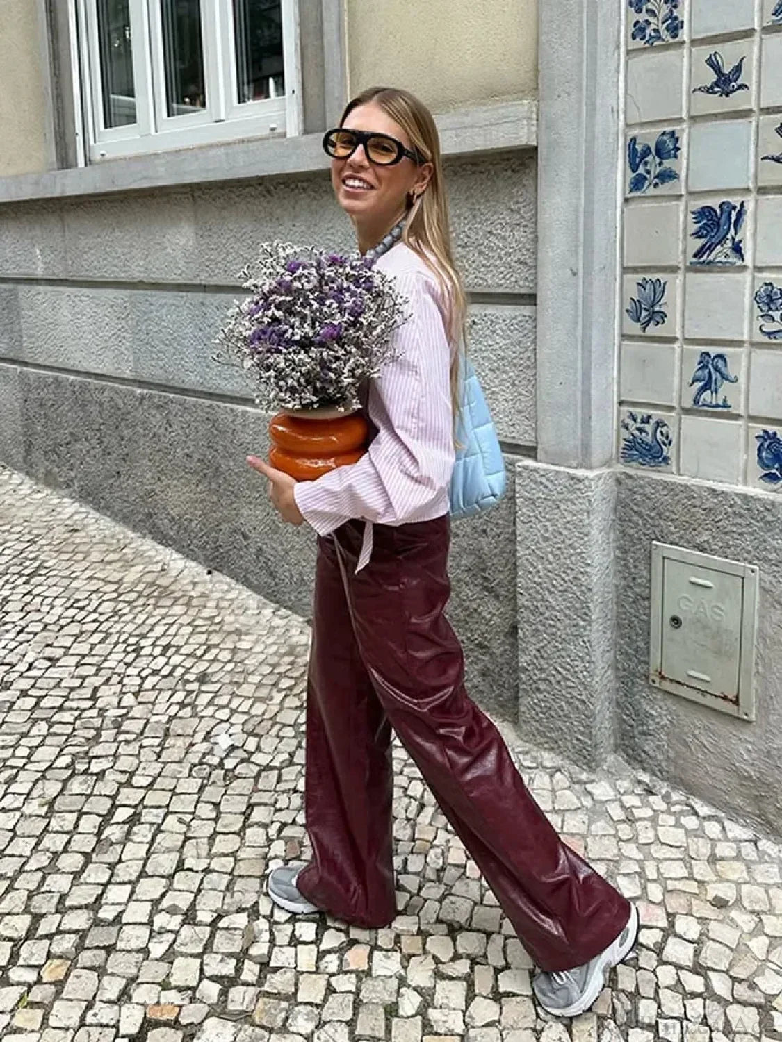 3d Flower Splicing V Neck Pink Blouse