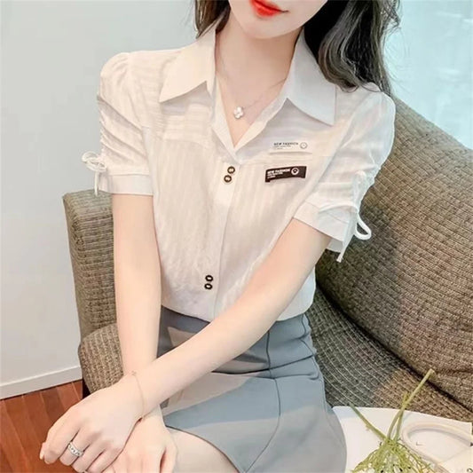 Woman Summer Style Blouses Shirts Lady Short Sleeve Turn-down Collar Color Blusas Tops Df4392