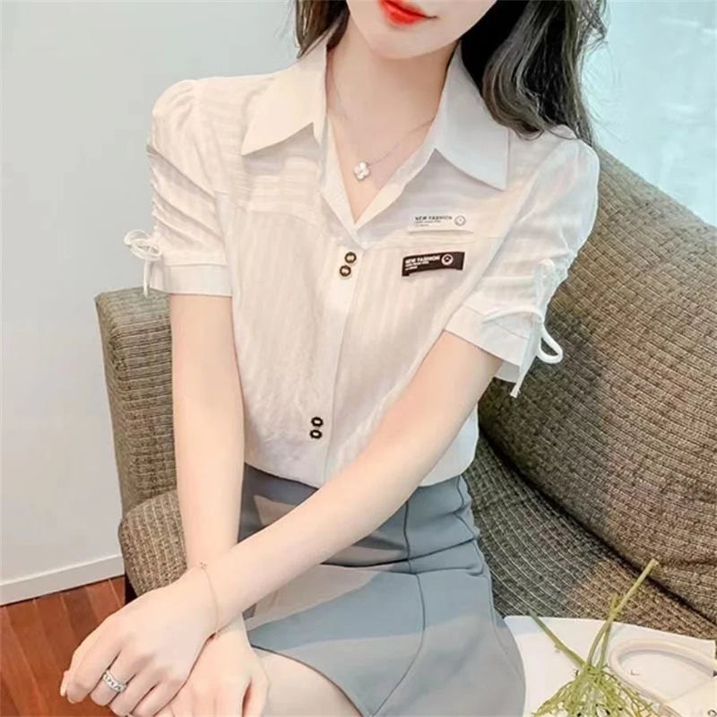 Woman Summer Style Blouses Shirts Lady Short Sleeve Turn-down Collar Color Blusas Tops Df4392