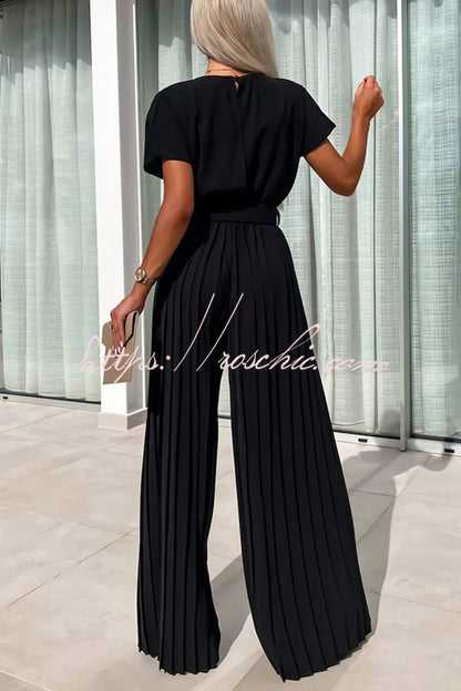 Ivy Cowl Neck Short Sleeve Belt Pleated Loose Wide Leg Jumpsuit