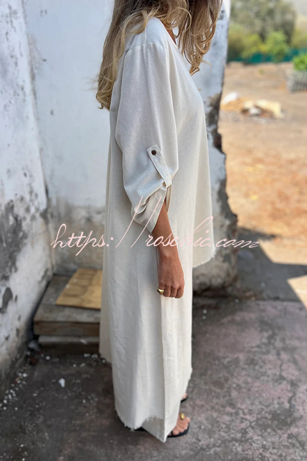 Jamilah Linen Blend Ring Detail Midi Blouse and Elastic Waist Pocketed Loose Pants Set