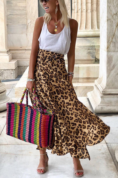Today��s Journey Satin Leopard Tie Front Elastic Waist Midi Skirt