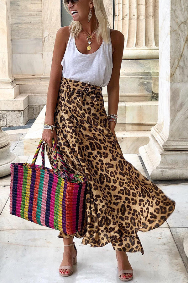 Today��s Journey Satin Leopard Tie Front Elastic Waist Midi Skirt