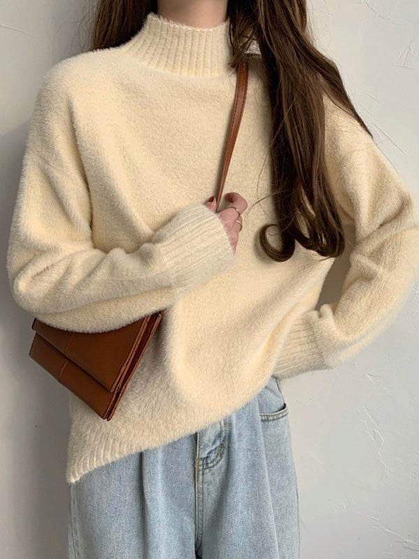 Warm Pink Mock Neck Long Sleeve Mink Sweater Qx005