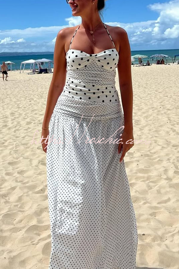 Polka Dot Print Halterneck Tie-stitched Slim Maxi Dress