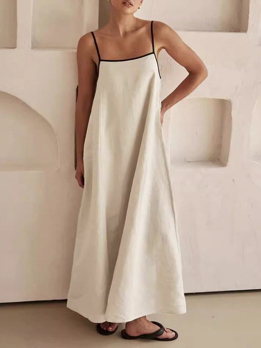 A-line Loose Split-joint Spaghetti-neck Maxi Dresses