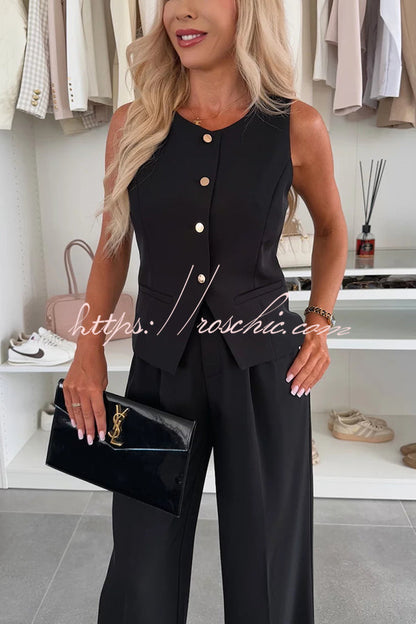 Workplace Sleeveless Button Vest and Relaxed Pocket Wide Leg Pants Set
