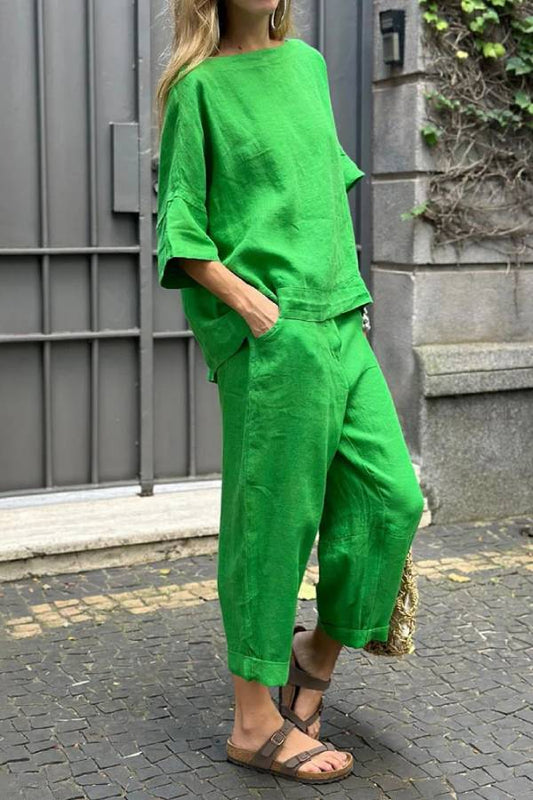 Color Crewneck Top \u0026 Pants Cotton Linen Two-piece Set