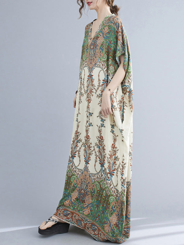 Printed V-neck Batwing Sleeves H-line Maxi Dress