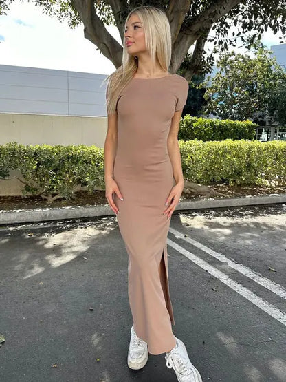 Backless Slin Female Dress Short Sleeve Side Split Basic Y2k Dress for Maxi Dress