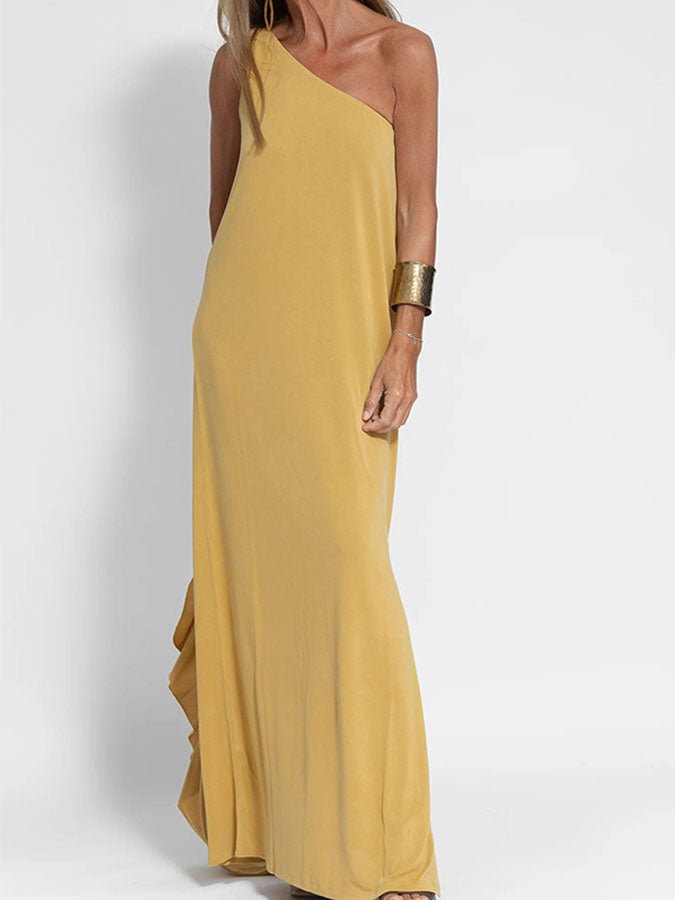 One-shoulder Slit Color Vest Maxi Dress
